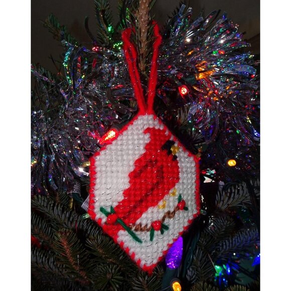 Handmade Plastic Canvas Cardinal 3D Christmas Ornament holly cross stitch holly - Picture 5 of 9